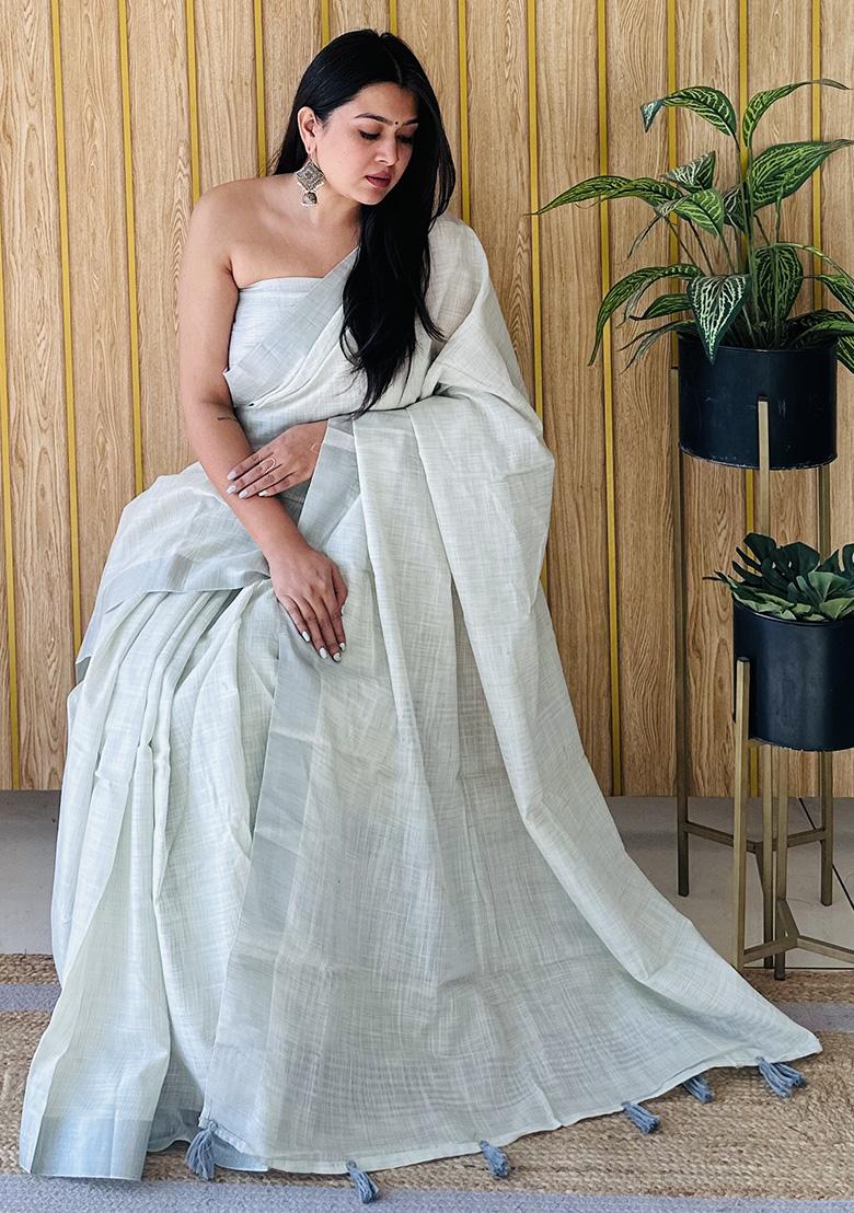Off White Weaving Linen Saree Set