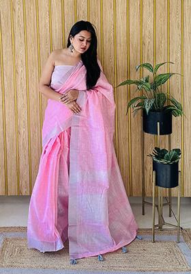 Pink Weaving Linen Saree Set