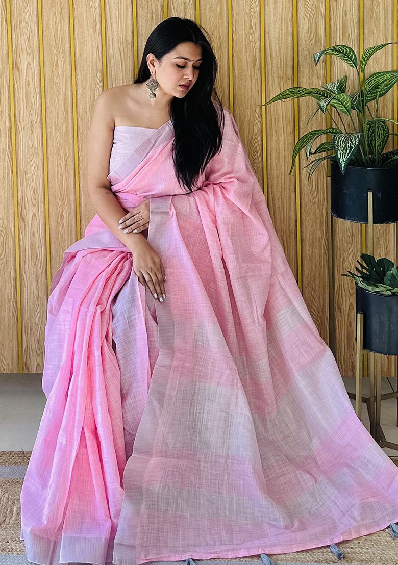 Pink Weaving Linen Saree Set