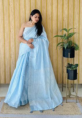 Sky Blue Weaving Linen Saree Set
