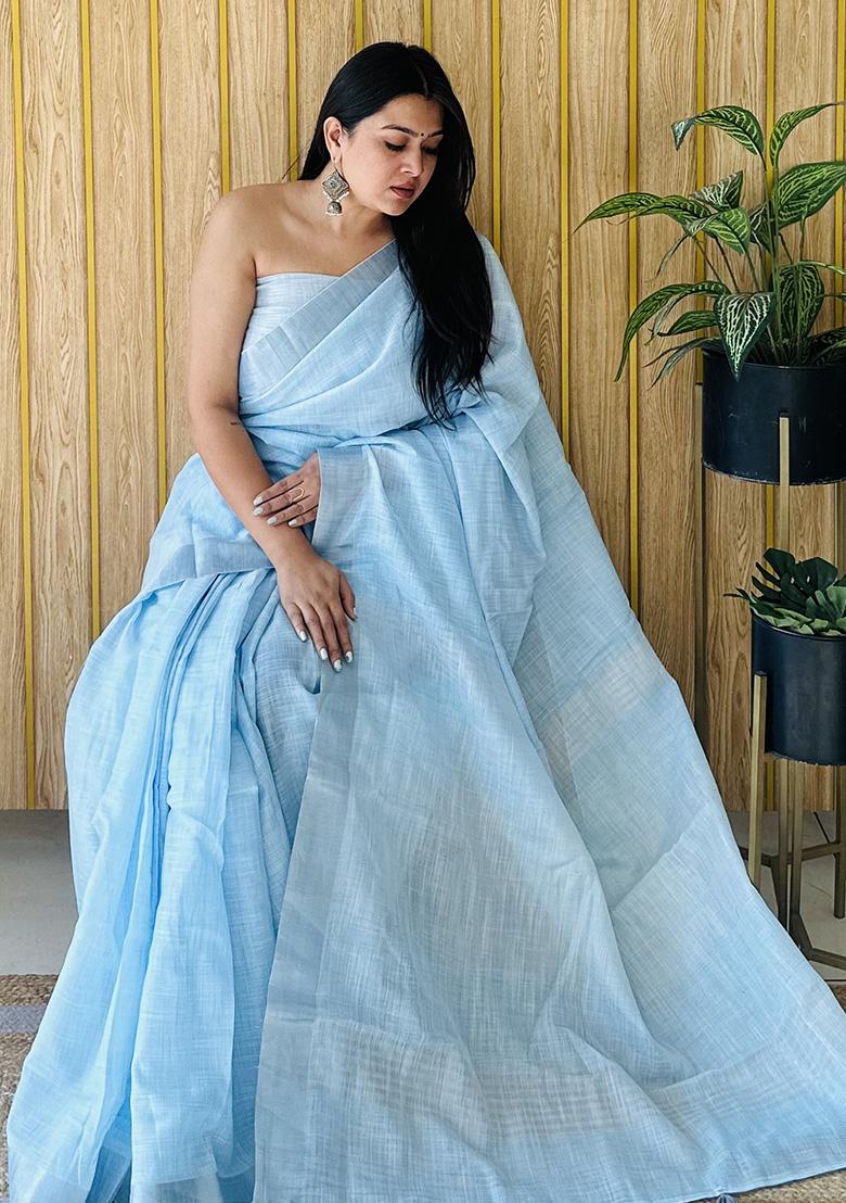 Sky Blue Weaving Linen Saree Set