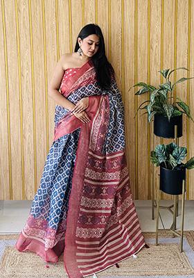 Navy Blue  Printed Silk Saree Set
