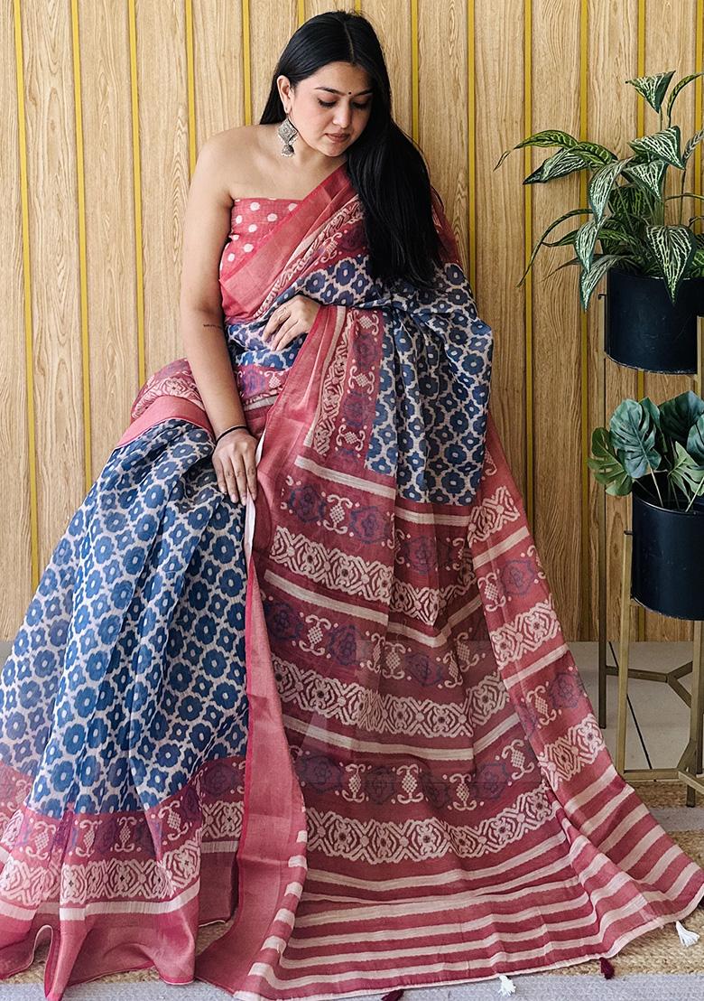 Navy Blue  Printed Silk Saree Set