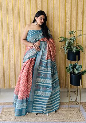 Orange Printed Silk Saree Set