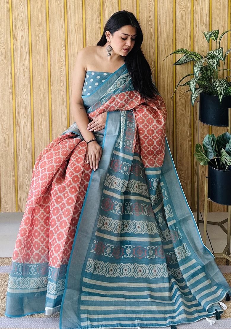 Orange Printed Silk Saree Set