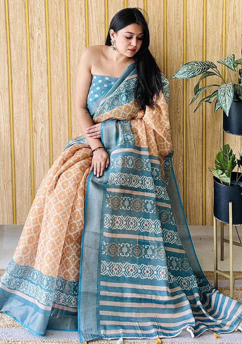 Peach Printed Silk Saree Set