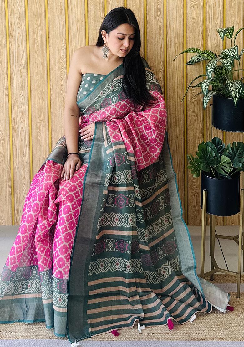 Pink Printed Silk Saree Set