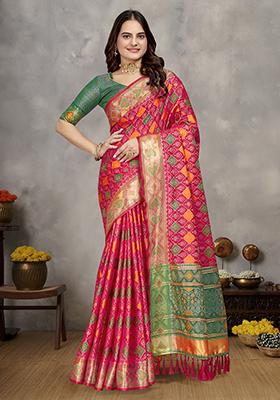 Rani Pink  Weaving Silk Saree Set