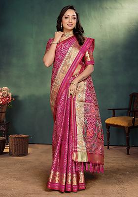 Rani Pink  Weaving Silk Saree Set