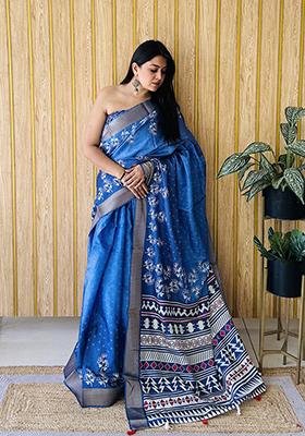 Blue  Printed Silk Saree Set