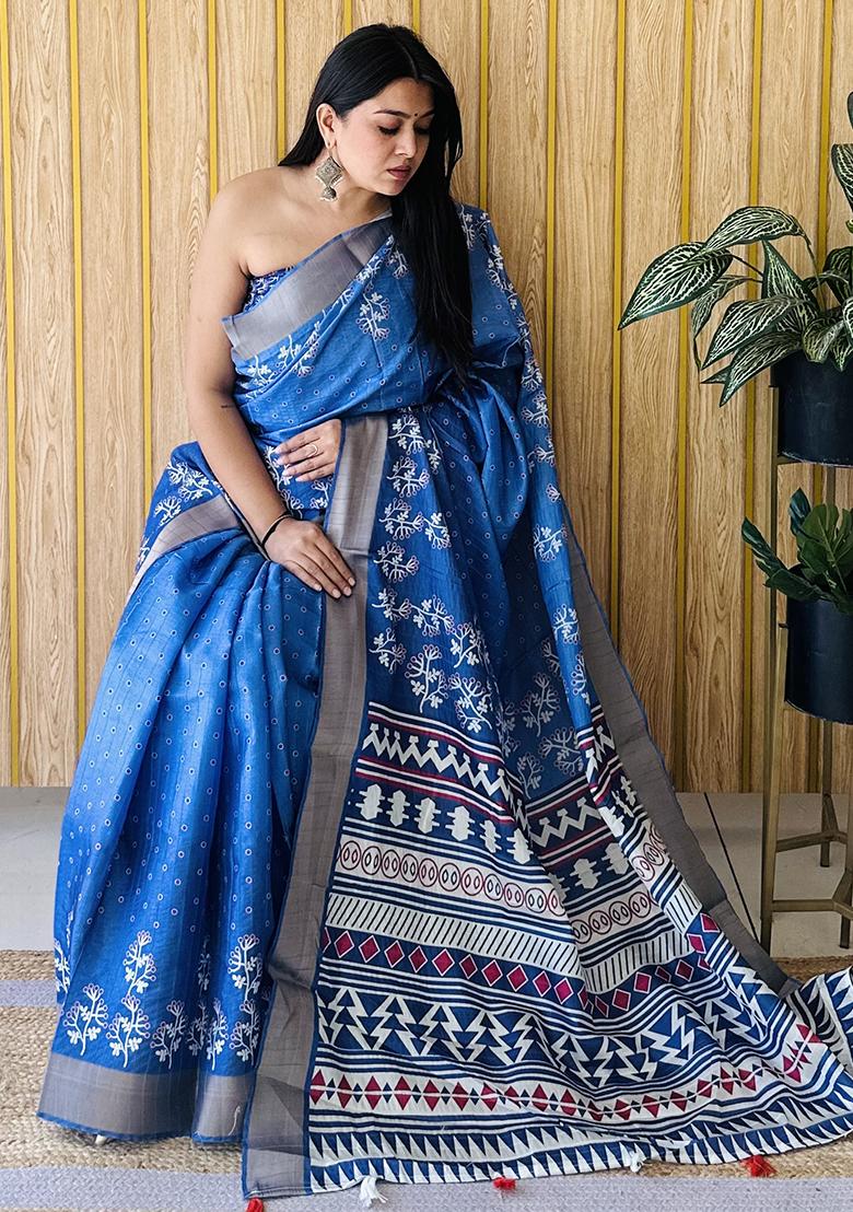 Blue  Printed Silk Saree Set