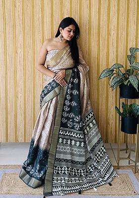Cream Printed Silk Saree Set