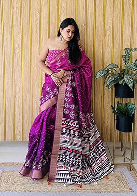 Magenta Printed Silk Saree Set