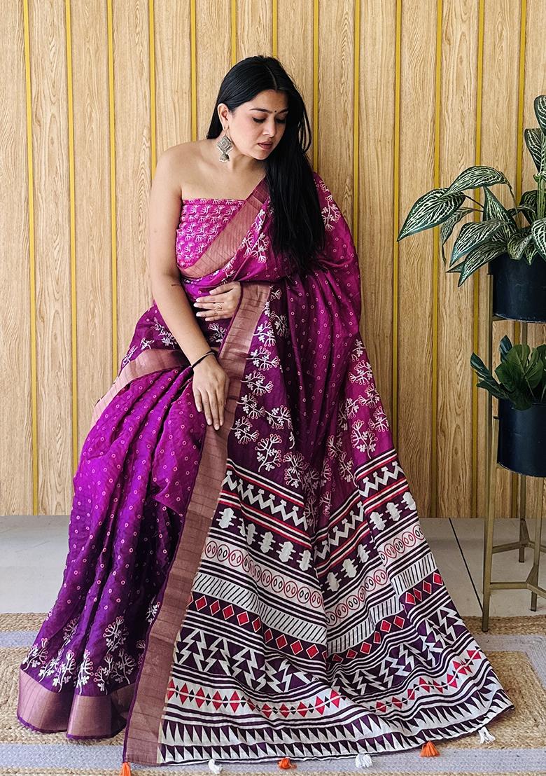 Magenta Printed Silk Saree Set