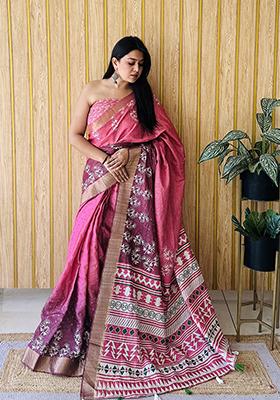 Pink Printed Silk Saree Set