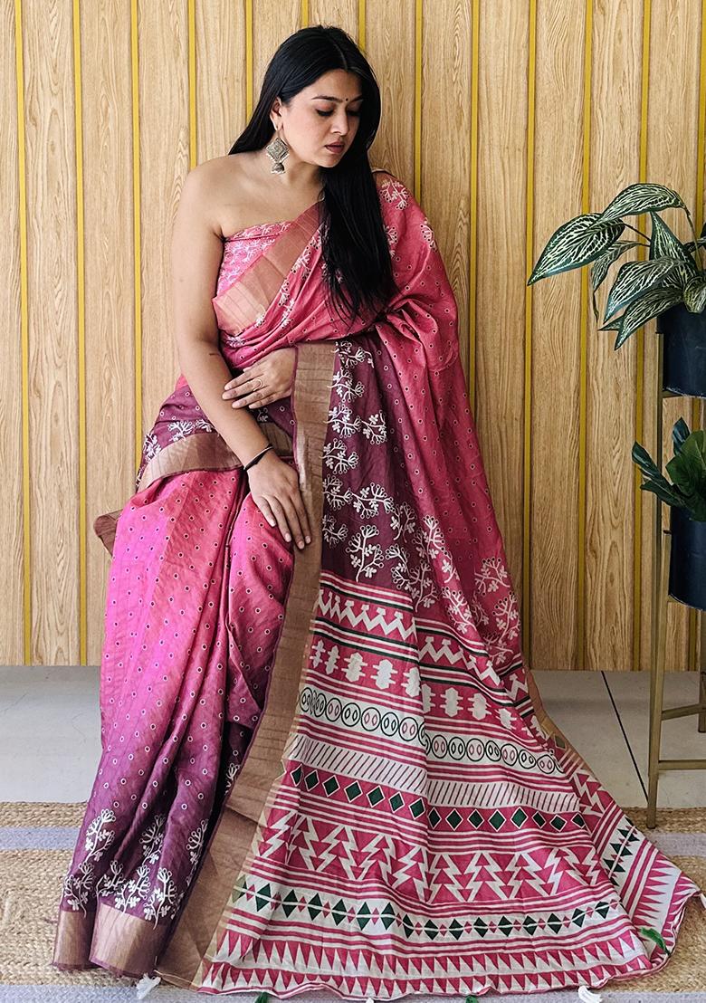 Pink Printed Silk Saree Set