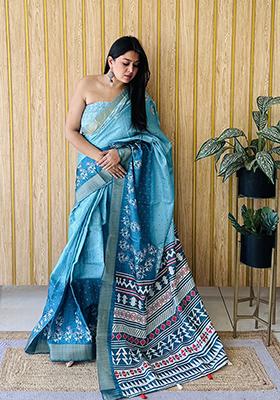 Sky Blue Printed Silk Saree Set