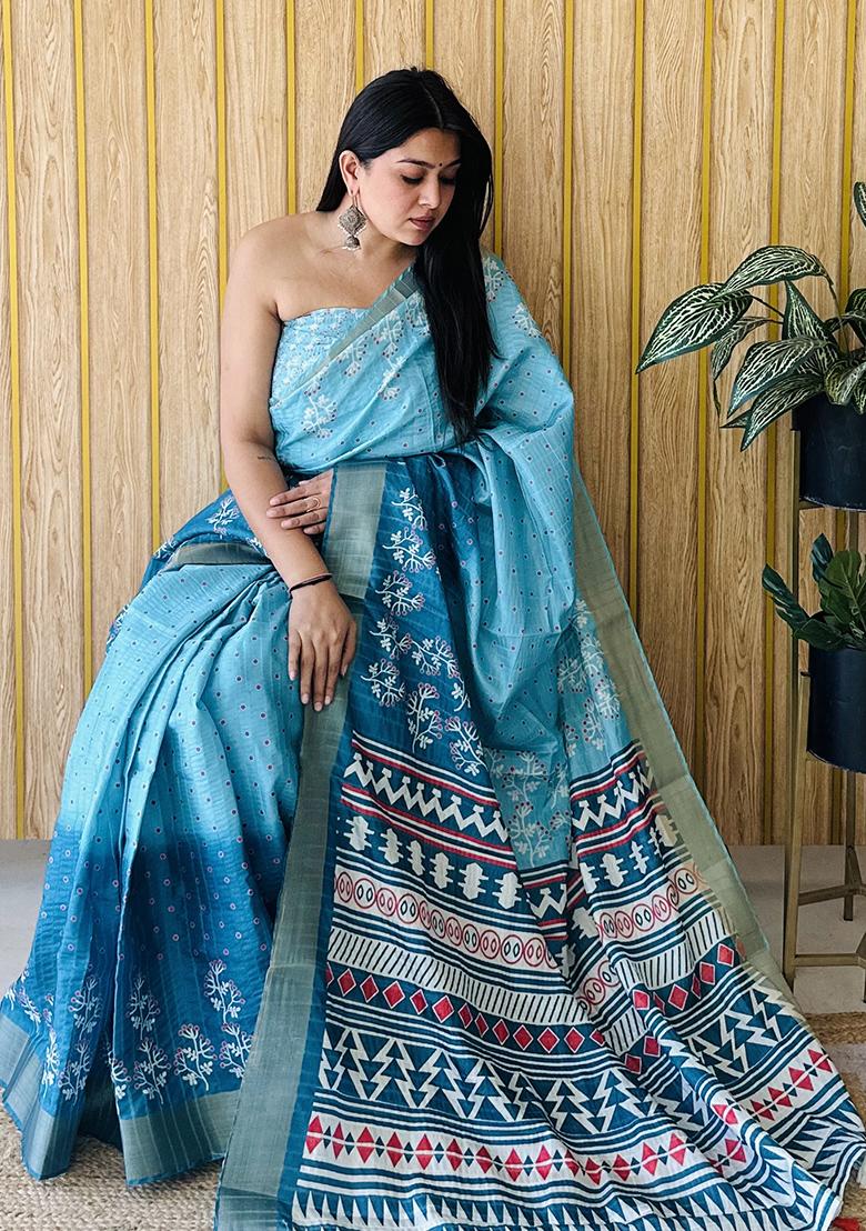 Sky Blue Printed Silk Saree Set