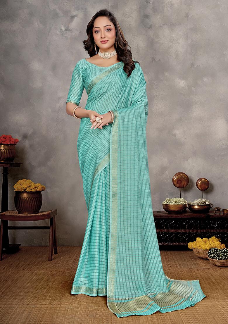 Turquoise Weaving Silk Saree Set
