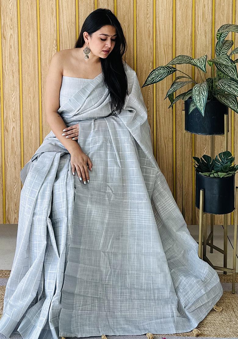 Light Grey Weaving Linen Saree Set