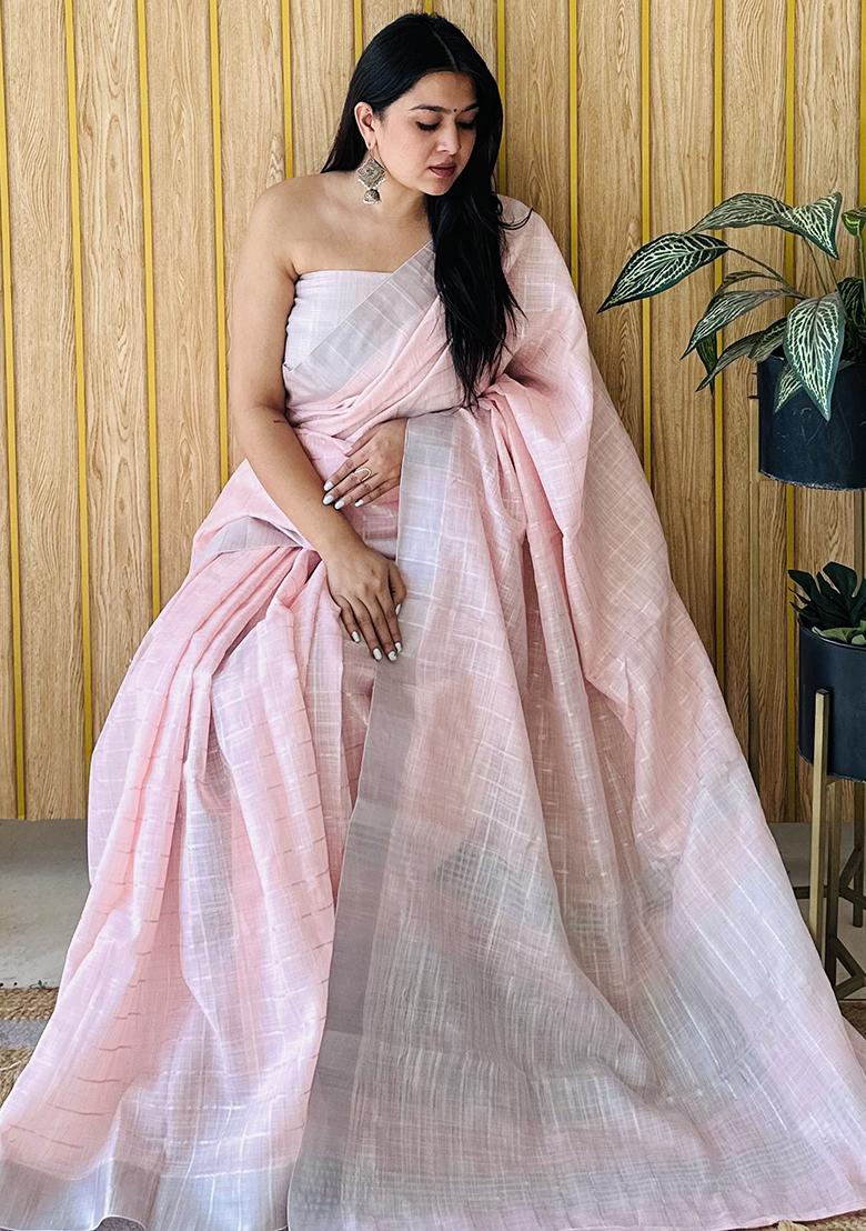 Light Pink Weaving Linen Saree Set