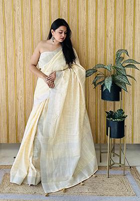 Light Yellow Weaving Linen Saree Set