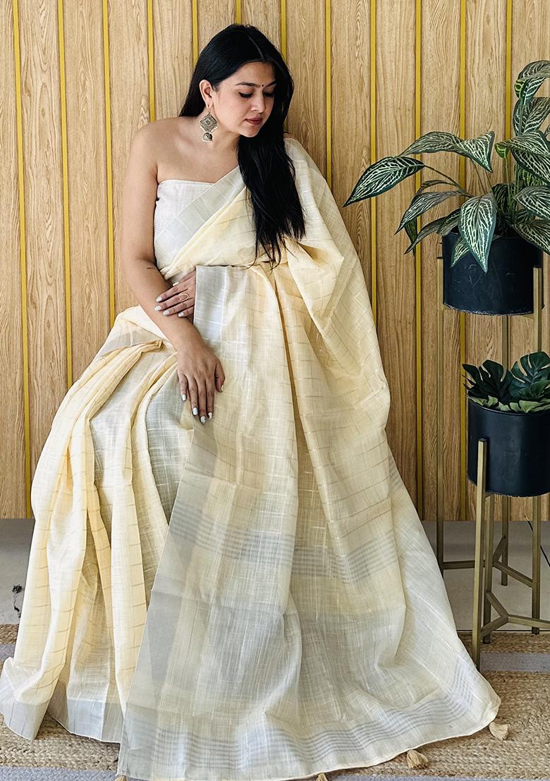 Light Yellow Weaving Linen Saree Set