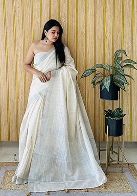 Off White Weaving Linen Saree Set