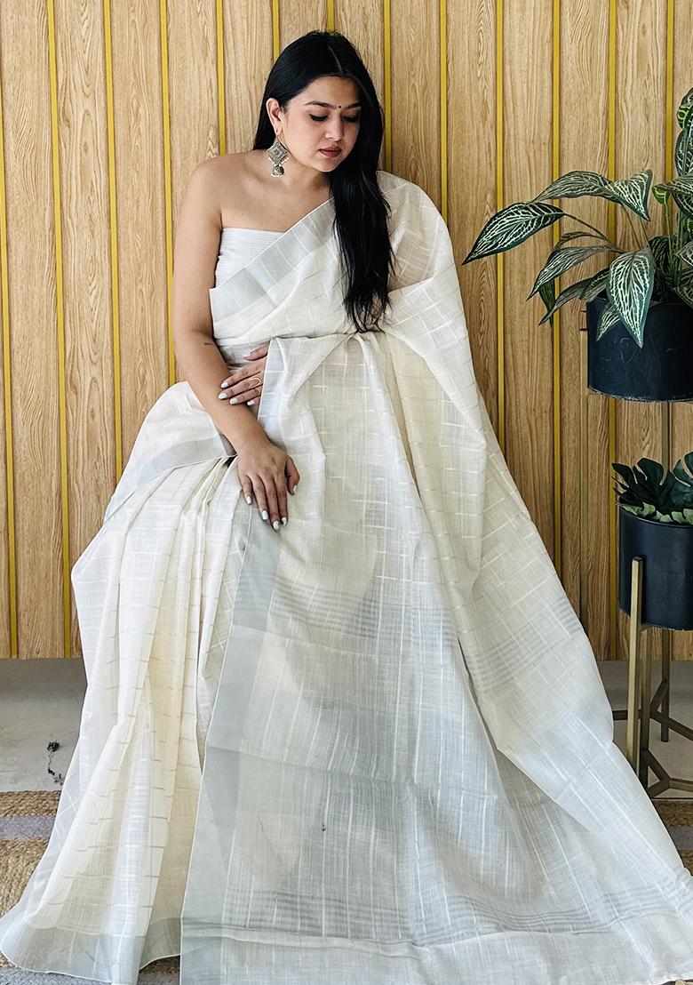 Off White Weaving Linen Saree Set