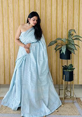 Sky Blue Weaving Linen Saree Set