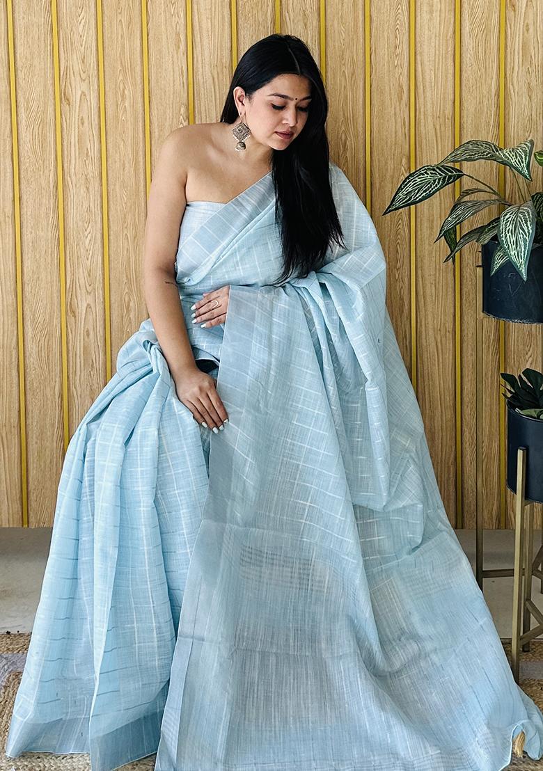 Sky Blue Weaving Linen Saree Set