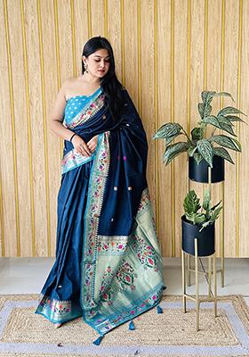 Dark Teal Weaving Silk Saree Set
