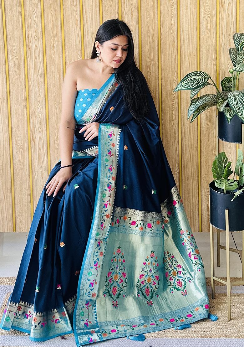 Dark Teal Weaving Silk Saree Set