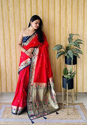 Red Weaving Silk Saree Set