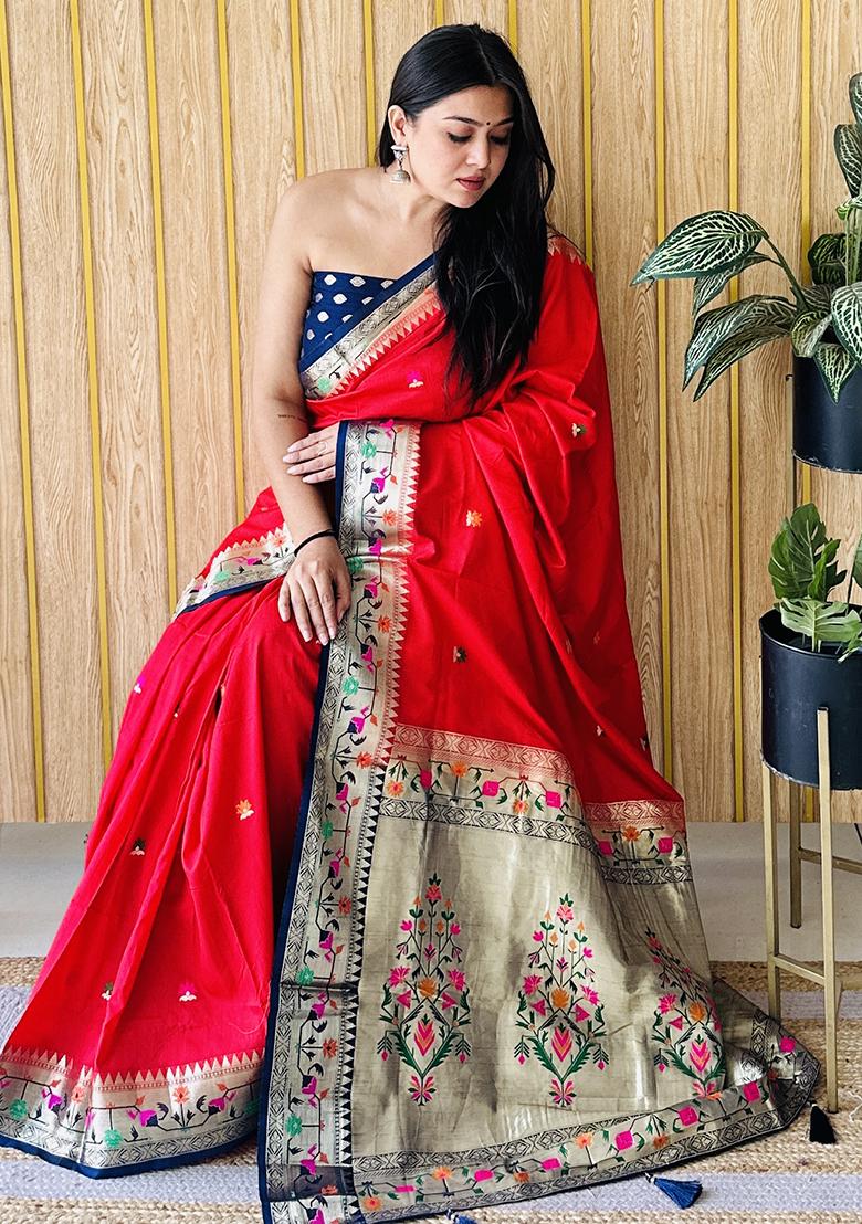 Red Weaving Silk Saree Set