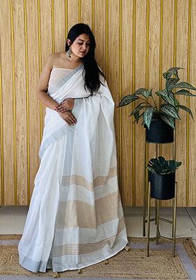 Beige Printed Linen Saree Set