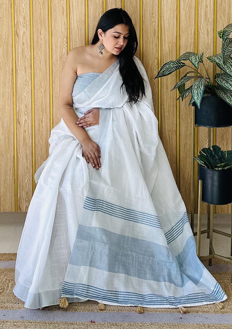 Blue Printed Linen Saree Set