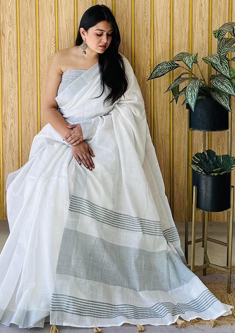 Grey  Printed Linen Saree Set