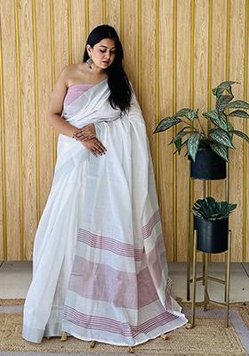 Maroon Printed Linen Saree Set