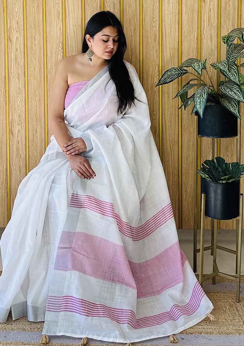 Pink Printed Linen Saree Set