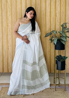 Pista Printed Linen Saree Set