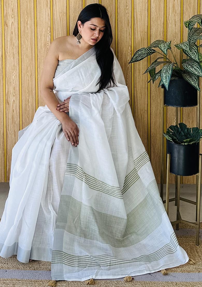 Pista Printed Linen Saree Set