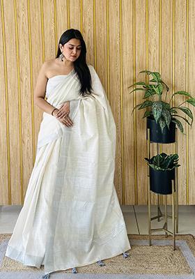 Cream Weaving Linen Saree Set