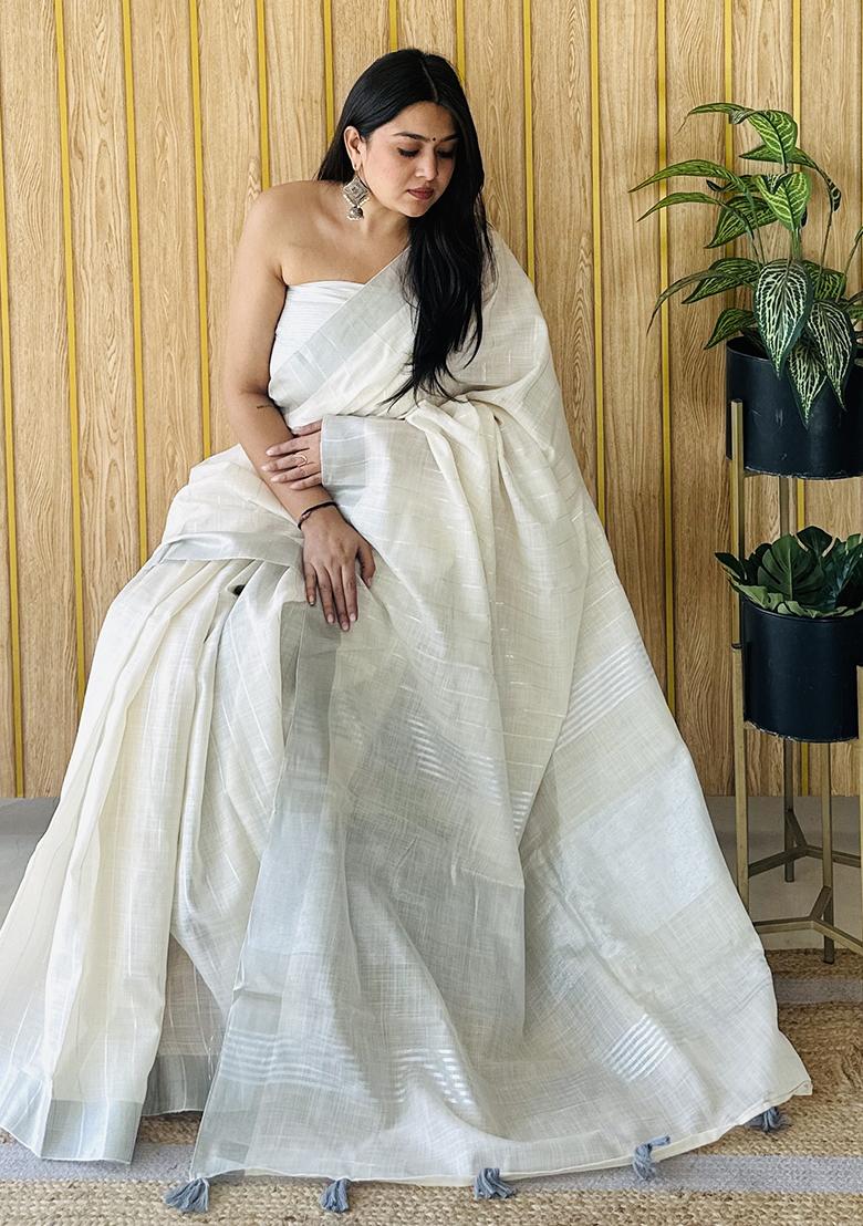 Cream Weaving Linen Saree Set