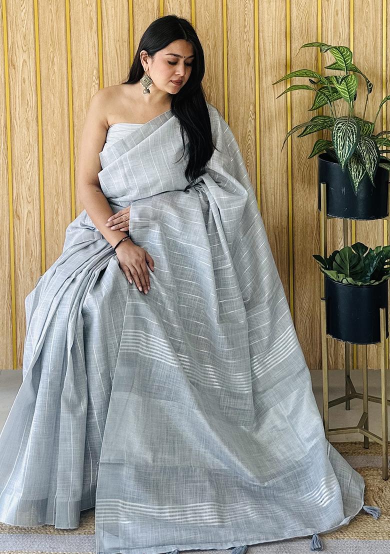 Grey  Weaving Linen Saree Set