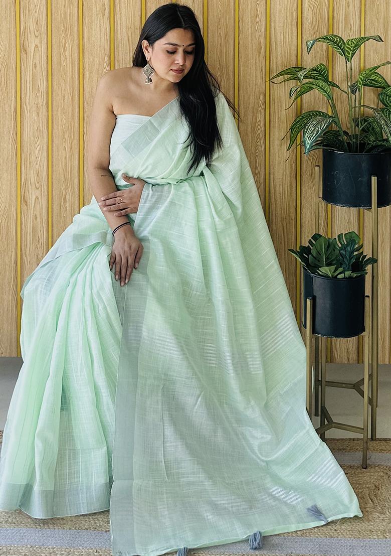 Light Green Weaving Linen Saree Set