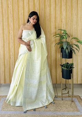 Light Yellow Weaving Linen Saree Set
