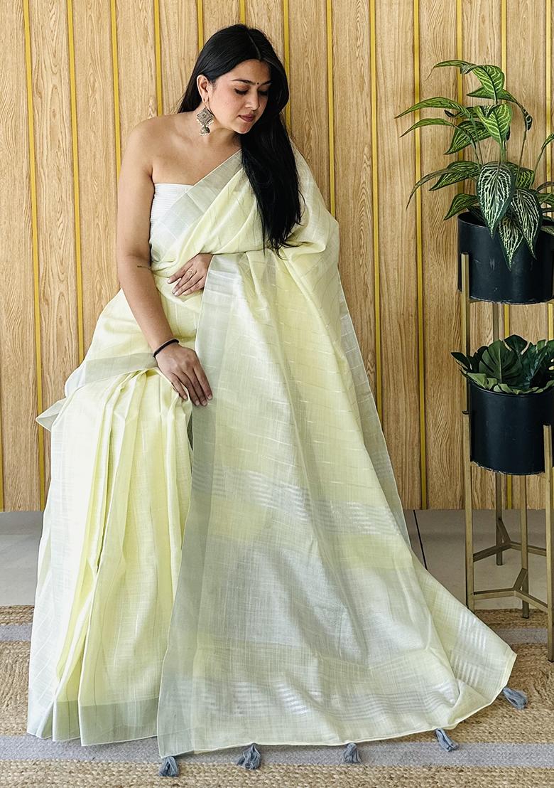 Light Yellow Weaving Linen Saree Set