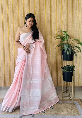 Pink Weaving Linen Saree Set