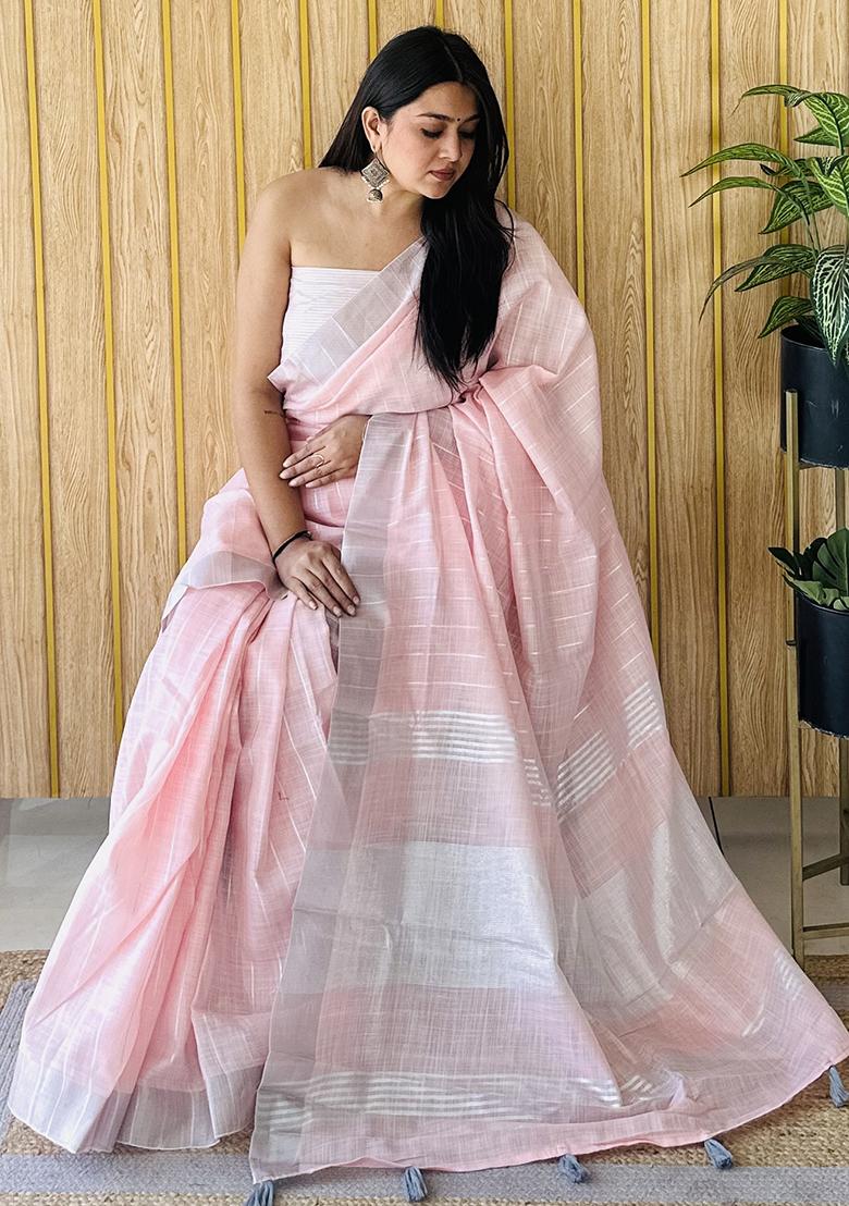 Pink Weaving Linen Saree Set